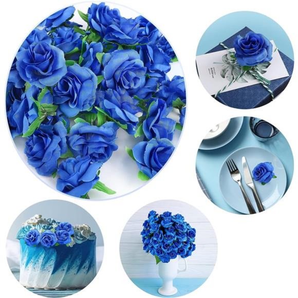 50pcs Blue Roses Artificial Flowers Bulk 1.6" Small Silk Fake Roses Flower Heads - Picture 11 of 14